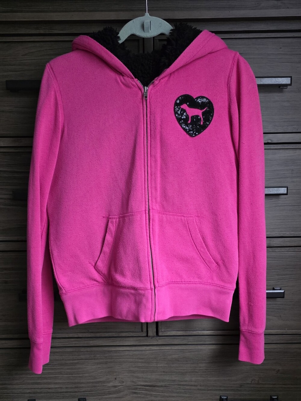 PINK Victoria's Secret Bright Pink Zip-Up Hoodie w/ Black Fur Lining Size Small